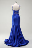 Royal Blue Mermaid Spaghetti Straps Satin Corset Long Prom Dress with Slit