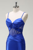 Royal Blue Mermaid Spaghetti Straps Satin Corset Long Prom Dress with Slit