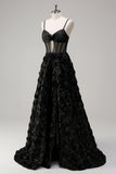 Elegant Black A Line 3D Floral Ball Gown with Sheer Corset