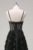 Elegant Black A Line 3D Floral Ball Gown with Sheer Corset