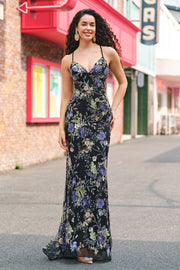 Sparkly Sequins Mermaid Spaghetti Straps Appliqued Black Long Formal Dress