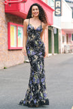 Sparkly Sequins Mermaid Spaghetti Straps Black Formal Dress with Appliques