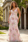 Pink Mermaid Sequins Floral Plus Size Long Prom Dress with Lace Up Back