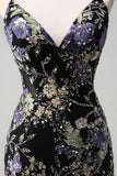 Sequins Mermaid Spaghetti Straps Sequin Black Formal Dress with Appliques