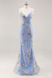 Sparkly Light Green Mermaid Spaghetti Straps Sequins Long Prom Dress with Appliques