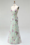 Sparkly Light Green Mermaid Spaghetti Straps Sequins Long Prom Dress with Appliques