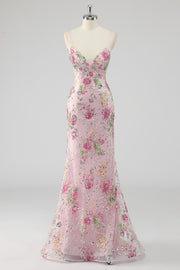 Sparkly Sequins Mermaid Spaghetti Straps Appliqued Pink Long Formal Dress