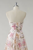 Sparkly Pink A-Line Strapless Sequin Floral Long Prom Dress