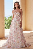 Sparkly Pink Floral Sequin A-Line Strapless Long Formal Dress