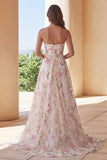 Sparkly Pink Floral Sequin A-Line Strapless Long Formal Dress