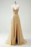 A Line Gold Sequin Spaghetti Straps Formal Dress With Slit