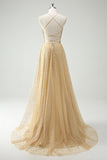 A Line Gold Sequin Spaghetti Straps Formal Dress With Slit