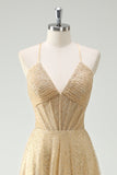 A Line Gold Sequin Spaghetti Straps Formal Dress With Slit