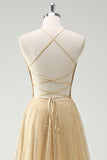 A Line Gold Sequin Spaghetti Straps Formal Dress With Slit