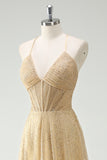 A Line Gold Sequin Spaghetti Straps Formal Dress With Slit