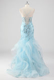 Sky Blue Mermaid Spaghetti Straps Sequin Corset Long Prom Dress with Ruffles