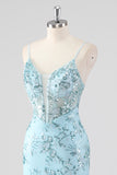 Sky Blue Mermaid Spaghetti Straps Sequin Corset Long Prom Dress with Ruffles