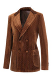 Coffee Peak Lapel Velvet Women Double Breasted Blazer