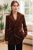 Coffee Peak Lapel Velvet Women Double Breasted Blazer