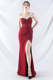 Sparkly Burgundy Beaded Corset Long Formal Dress with Slit