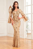 Glitter Champagne Mermaid V Neck Long Formal Dress