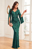 Glitter Champagne Mermaid V Neck Long Formal Dress