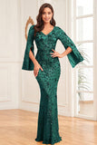 Glitter Champagne Mermaid V Neck Long Formal Dress