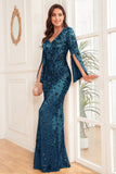 Glitter Champagne Mermaid V Neck Long Formal Dress