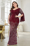 Burgundy Glitter Mermaid V Neck Formal Dress with Beaded