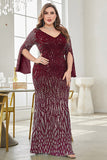 Burgundy Glitter Mermaid V Neck Formal Dress with Beaded