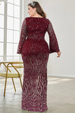 Burgundy Glitter Mermaid V Neck Formal Dress with Beaded