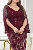 Burgundy Glitter Mermaid V Neck Formal Dress with Beaded