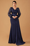 Navy V Neck Mermaid Long Sleeves Formal Dress