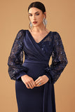 Navy V Neck Mermaid Long Sleeves Formal Dress