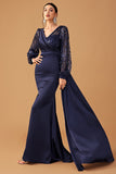 Navy V Neck Mermaid Long Sleeves Formal Dress