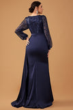 Navy V Neck Mermaid Long Sleeves Formal Dress