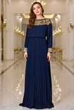 Navy Pleated A Line Boat Neck Long Formal Dress