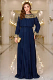 Navy Pleated A Line Boat Neck Long Formal Dress