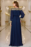 Navy Pleated A Line Boat Neck Long Formal Dress