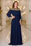 Navy Pleated A Line Boat Neck Long Formal Dress