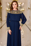 Navy Pleated A Line Boat Neck Long Formal Dress