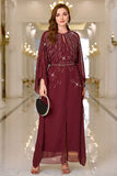 Sparkly Burgundy A Line Round Neck Long Sleeves Formal Dress