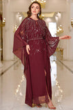 Sparkly Burgundy A Line Round Neck Long Sleeves Formal Dress