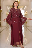 Sparkly Burgundy A Line Round Neck Long Sleeves Formal Dress