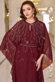 Sparkly Burgundy A Line Round Neck Long Sleeves Formal Dress