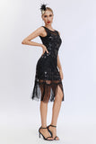 Black Sequined Bodycon 1920s Dress with Fringes