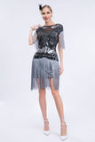 Grey Sequined Short 1920s Flapper Dress with Fringes