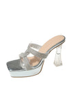 Silver Thick Sole Square Toe Rhinestone High Heel Sandals