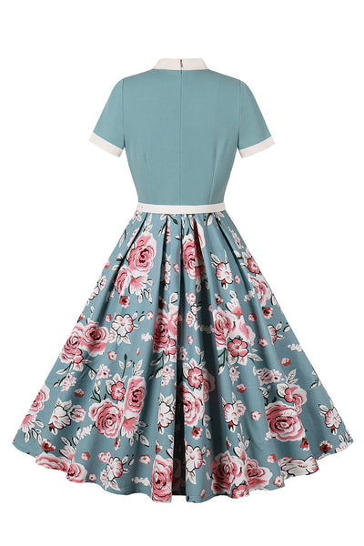 Zapaka Women Blue 1950s Dress with Short Sleeves Floral Printed Vintage ...