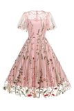 Apricot A Line Printed Tulle 1950s Dress with Short Sleeves